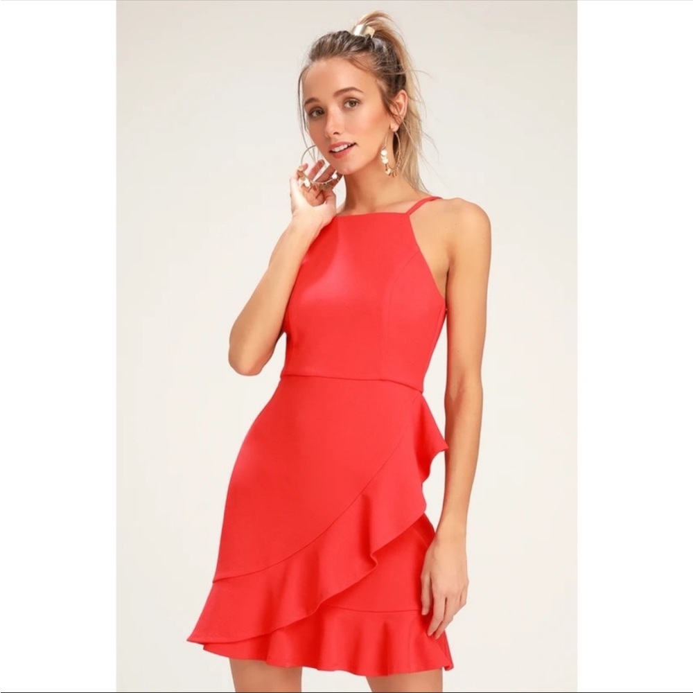 Lulu’s Great Things Ruffled Bodycon dress coral red high neck stretch